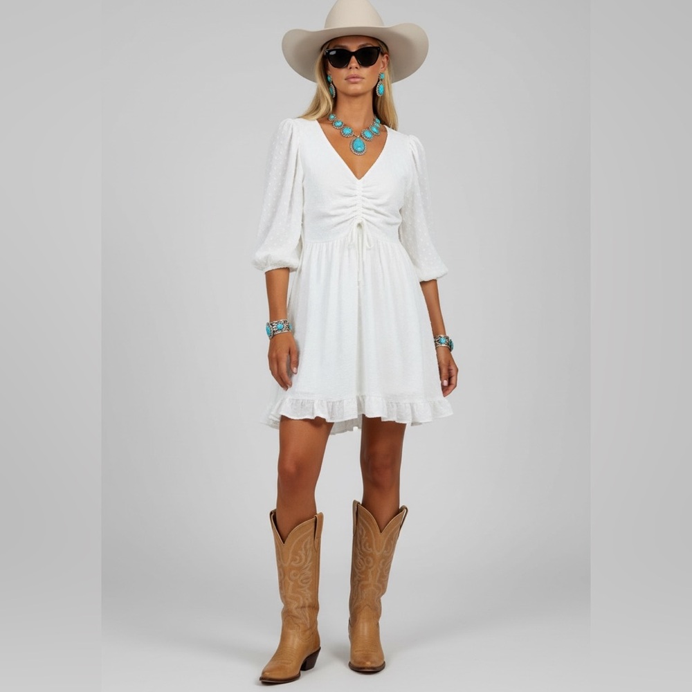 NEW White Mini Dress Size Large Long Sleeve Ruffle Hem Drawstring V‎ Neck